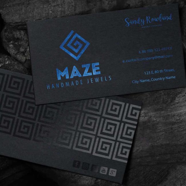 Advance business card with blue foil printing.